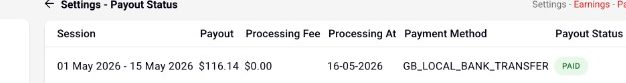 LoyalFans Settings Payout Status table row: $116.14 referral payout marked Paid for May 1–15, 2026 via GB local bank transfer